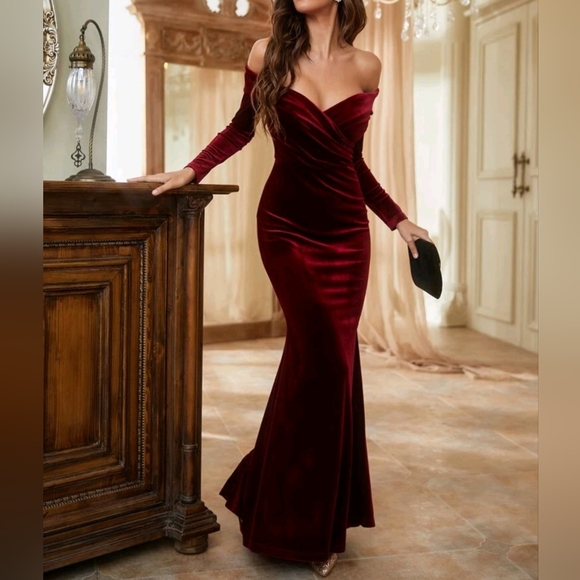 New Luxe Velvet Wrap Off Shoulder Formal Maxi Dress Burgundy Red - Picture 4 of 13